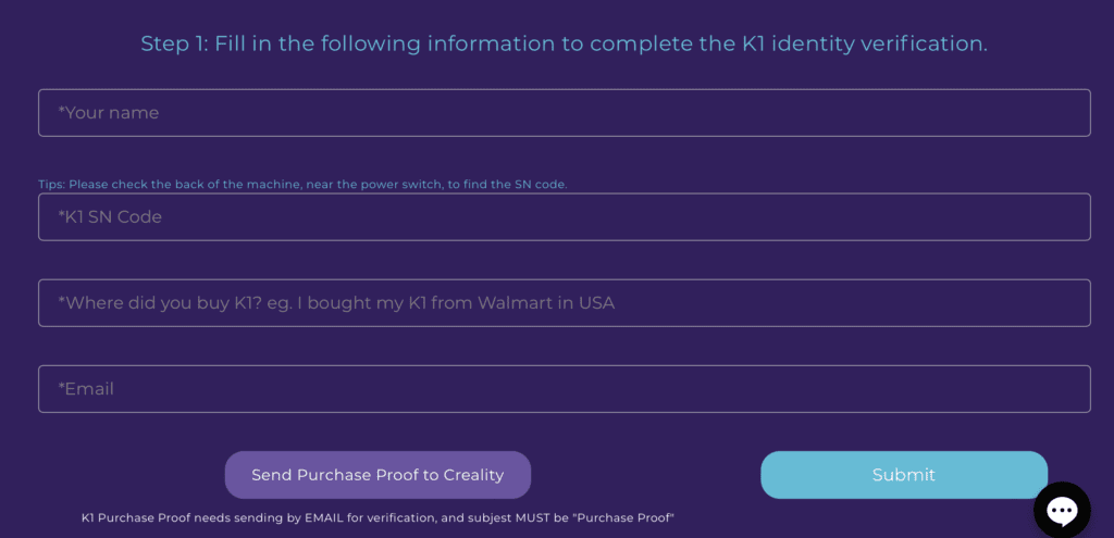 creality k1 sn fillout